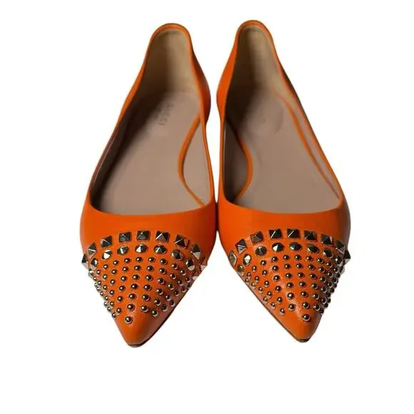 Gucci Pointed Toe Orange Leather Flats Silver Stud Toe Cap Slip On EU 37 US 7 - Picture 3 of 14